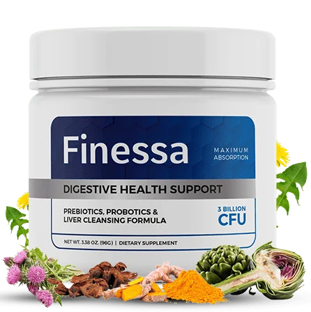 Healthy digestion concept showing Finessa powder for smoother digestion and comfort
